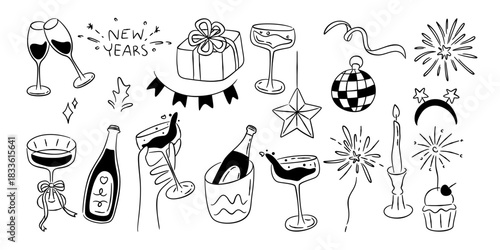 Hand-drawn New Year's Eve party doodle line art set includes champagne bottles and glasses, gift, fireworks, sparklers, and party decorations.