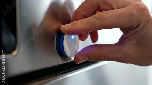 Close up of a hand turning a knob on a stainless steel appliance.