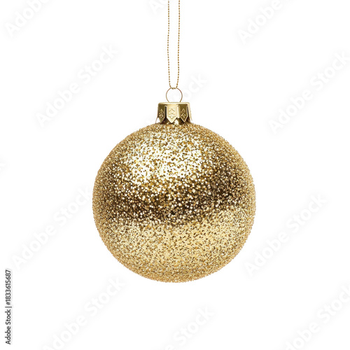 A single gold glitter ornament hanging from a string against a white background.