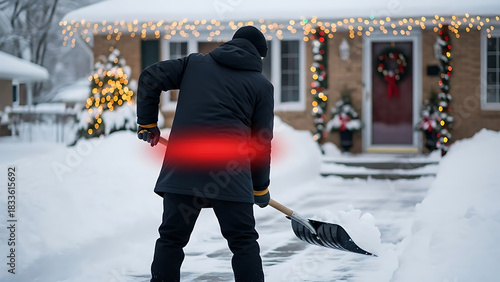 Man experiencing lower back pain while shoveling snow in winter, highlighted by red glow