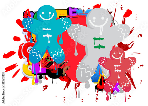 Gingerbread Man Christmas Cookie graffiti. Abstract modern street art decoration performed in urban painting style.