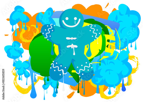 Gingerbread Man Christmas Cookie graffiti. Abstract modern street art decoration performed in urban painting style.