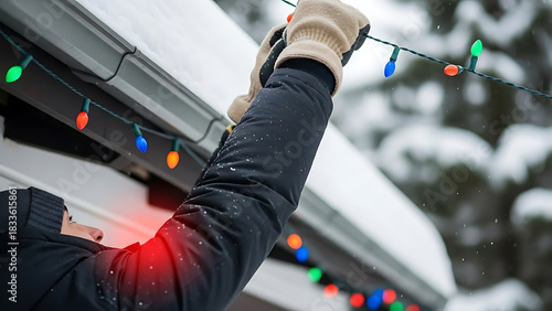 Person with elbow pain hanging colorful Christmas lights on snowy house gutter in winter for holiday decoration