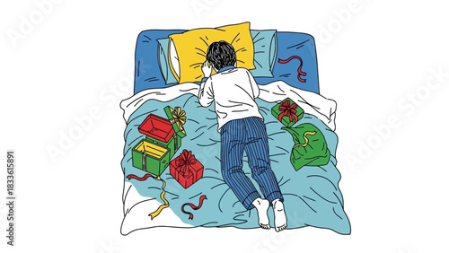 Person lying on bed with backpack and school supplies.