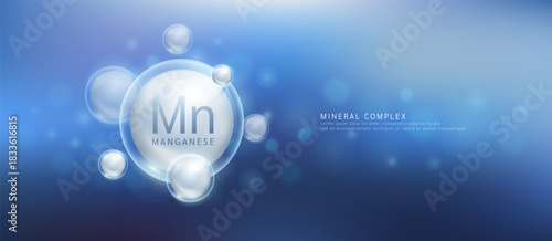 Manganese minerals the form grey circle inside a transparent bubble. Mineral vitamins complex essential supplement health. Food nutrition and medicine. Science medical concept. Banner vector.