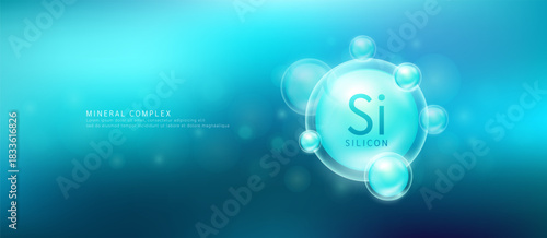 Silicon minerals the form blue circle inside a transparent bubble. Mineral vitamins complex essential supplement health. Food nutrition and medicine. Science medical concept. Banner vector.