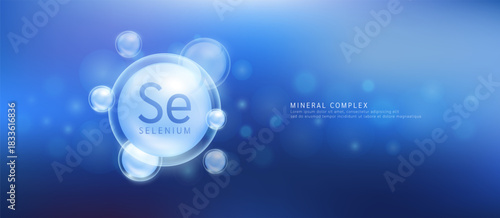 Selenium minerals the form grey circle inside a transparent bubble. Mineral vitamins complex essential supplement health. Food nutrition and medicine. Science medical concept. Banner vector.