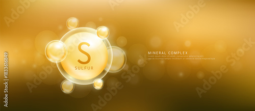 Sulfur minerals the form yellow circle inside a transparent bubble. Mineral vitamins complex essential supplement health. Food nutrition and medicine. Science medical concept. Banner vector.