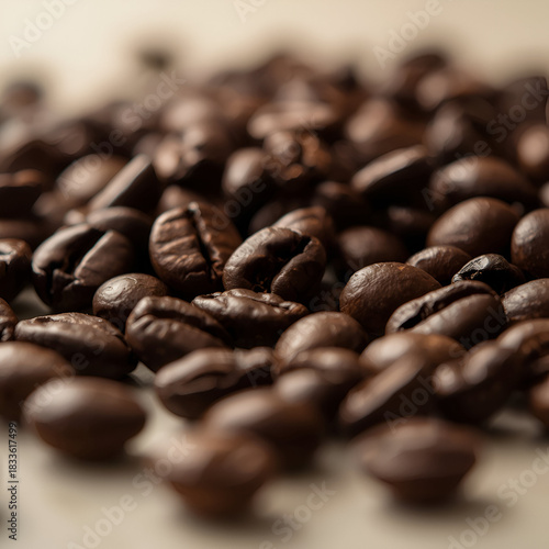 A close-up shot of premium roasted coffee beans, showcasing their rich brown tones and glossy texture.