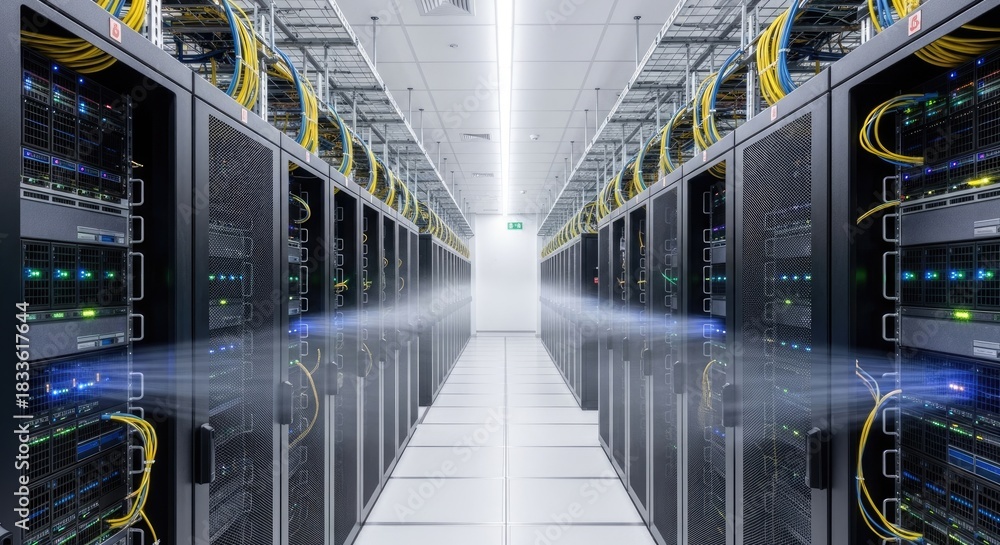 Fototapeta premium A long, narrow hallway with rows of server racks in a data center.