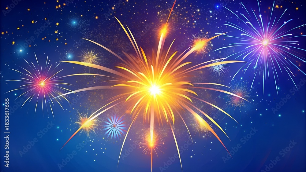 Naklejka premium Vibrant exploding fireworks illuminate the dark night sky with dazzling bursts of light and color creating a festive atmosphere