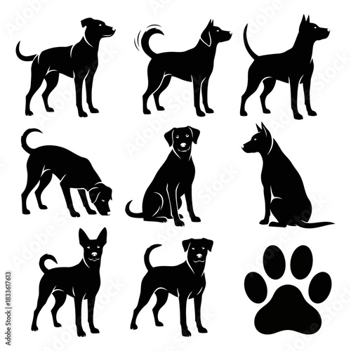 Black silhouettes of various dog breeds in different poses with a paw print
