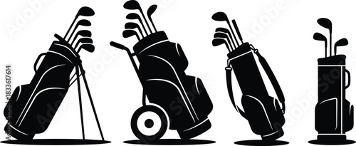 Black Silhouette Illustrations of Golf Bags Featuring Stand, Cart, Carry, and Tour Styles for Sports, Equipment, and Vector Design Use