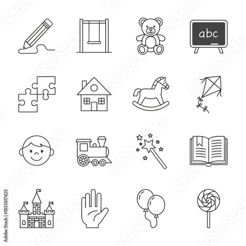 Collection of educational and playful icons including toys, books, and school supplies