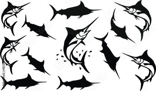 Black Silhouette Illustrations of Swordfish and Marlins in Dynamic Poses for Marine Life, Tattoo, Logo, and Artistic Vector Use