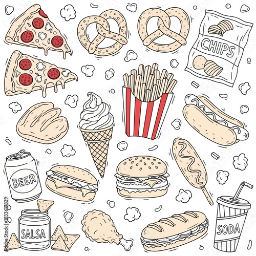 Assorted fast food items including pizza, pretzels, french fries, hot dogs, chicken wings, soda, and more