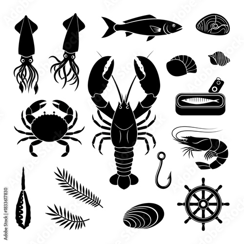 Black and white illustration of various seafood items including fish, lobster, crab, and shrimp
