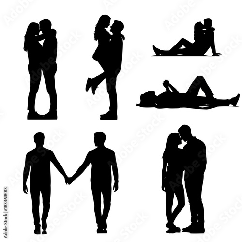 Silhouettes of couples in various romantic poses and activities, isolated on