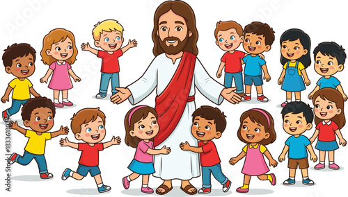 Cartoon Jesus, happy children, spiritual theme, vector illustration, love and kindness, inclusive design, joyful gathering, religious concept, smiling faces, warm scene