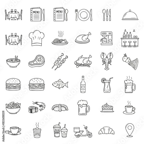 Assorted food and drink items including burgers, beverages, and desserts isolated on