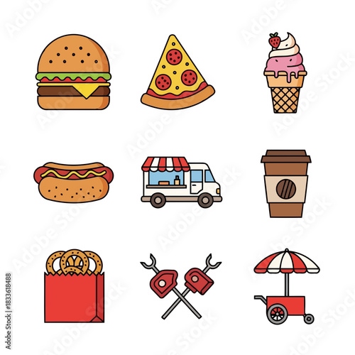 Colorful icons of food, drinks, and street food items including burgers, pizza, ice cream, coffee, and more