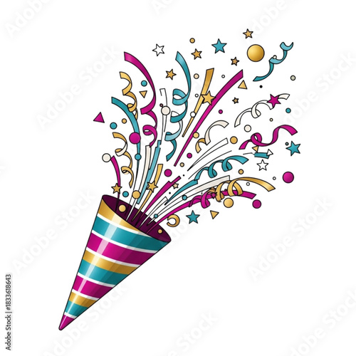 Bright festive confetti explosion for your next celebration, add a pop of celebratory joy with this fun party popper illustration for birthdays and special events