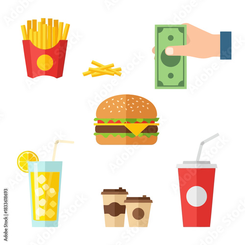 Fast food items including burger, fries, coffee, and soda with a hand holding money