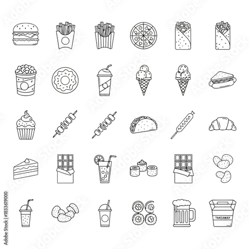Assorted food and drink items illustrated in black and white line art style