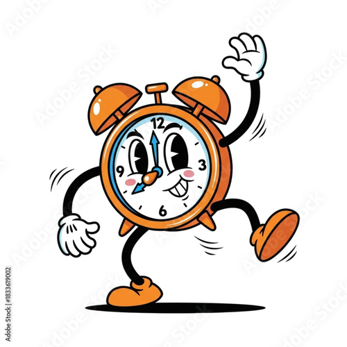Whimsical cartoon clock character cheerfully waving hello, perfect for adding a playful touch to time management or reminder concepts, kids projects and fun designs