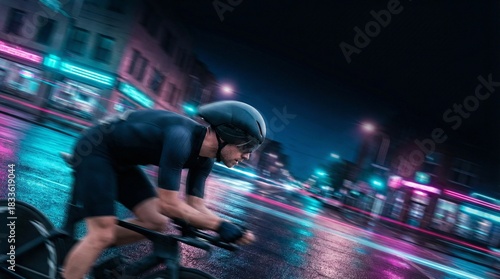 Night city cyclist riding fast with motion blur and neon lights