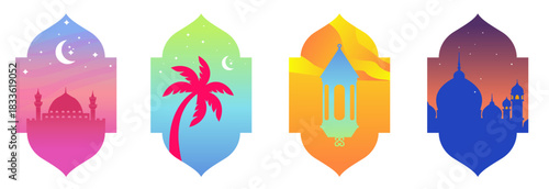 Collection of oriental style Islamic ramadan mubarak windows and arches with modern style design, door mosque, mosque dome and lanterns. Ramadan illustration.