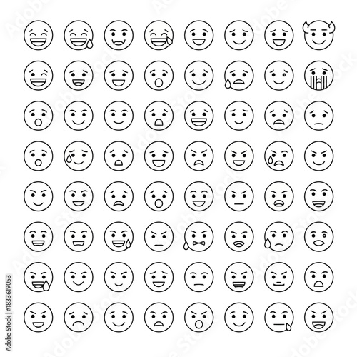 Collection of diverse cartoon faces expressing various emotions and moods, isolated on
