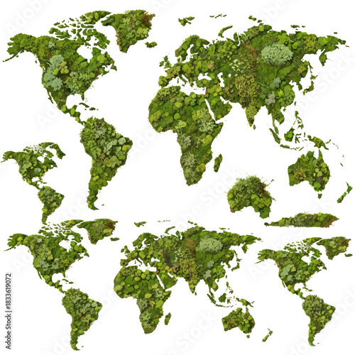 Creative world map collage made from green leaves and plants.