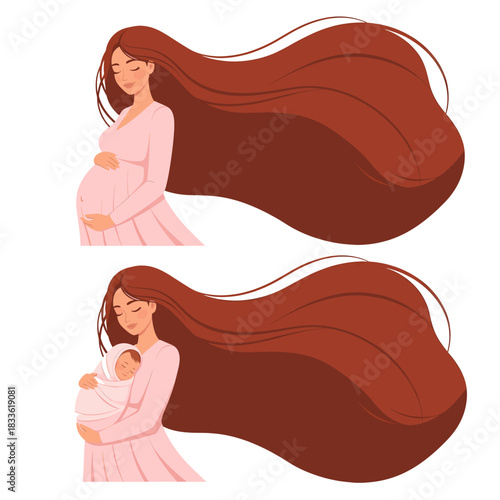 Illustration of a pregnant woman with long flowing brown hair and the same woman holding her newborn baby, isolated on