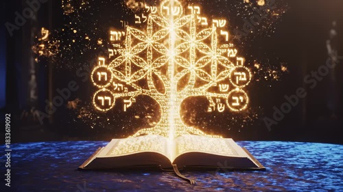 Open Book Emitting Glowing Symbols and Flower of Life Pattern