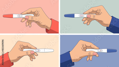 Four panel illustration showing hands holding pregnancy test sticks with different results against pastel backgrounds, symbolizing fertility and family planning decisions