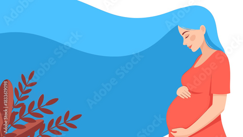 Beautiful pregnant woman in a red dress holding her belly against a vibrant blue background with abstract plant element, concept of maternity and new life
