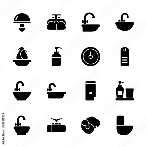 Set of black icons representing various bathroom and cleaning items including sinks, showers, and cleaning supplies