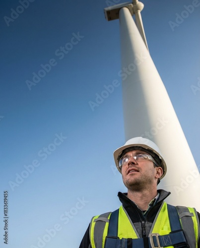 Wind turbine technician in hard hat inspecting renewable energy tower