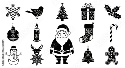 Black and white illustration of christmasthemed icons including snowflakes, gifts, and santa claus
