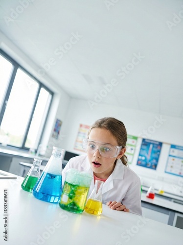 Young girl scientist reacting with wonder to colorful chemistry experiment