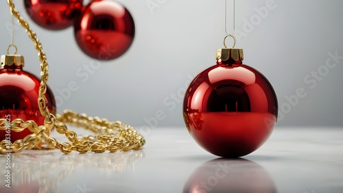 Red Christmas Ornament with Gold Chain on Minimalist Background