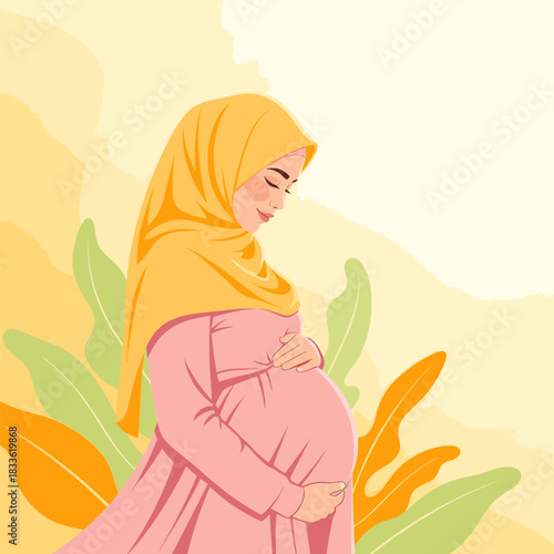 A beautiful illustration of a pregnant muslim woman wearing a yellow hijab and pink dress, gently holding her baby bump with a serene expression, surrounded by abstract foliage
