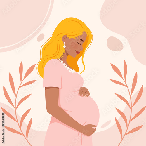 Beautiful pregnant woman with blonde hair in a pink dress gently holding her baby bump in a soft, artistic illustration with botanical elements