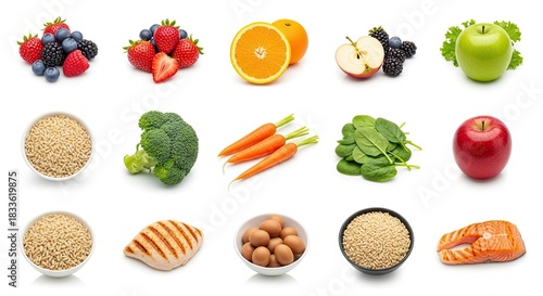 Fototapeta Naklejka Na Ścianę i Meble -  A variety of fruits and vegetables on a white background.