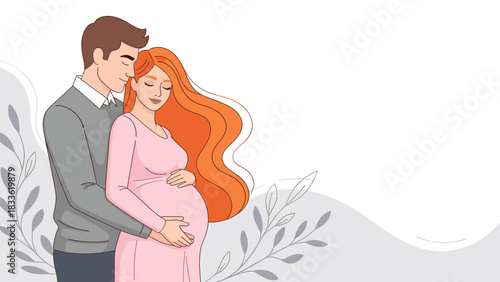 Loving couple expecting a baby, husband embracing pregnant wife with long red hair in a tender moment of anticipation for new life