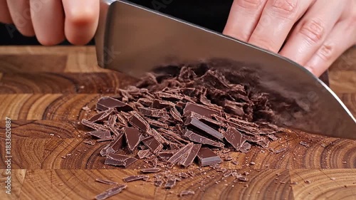 Satisfying asmr sounds of chocolate being chopped on wooden cutting board
