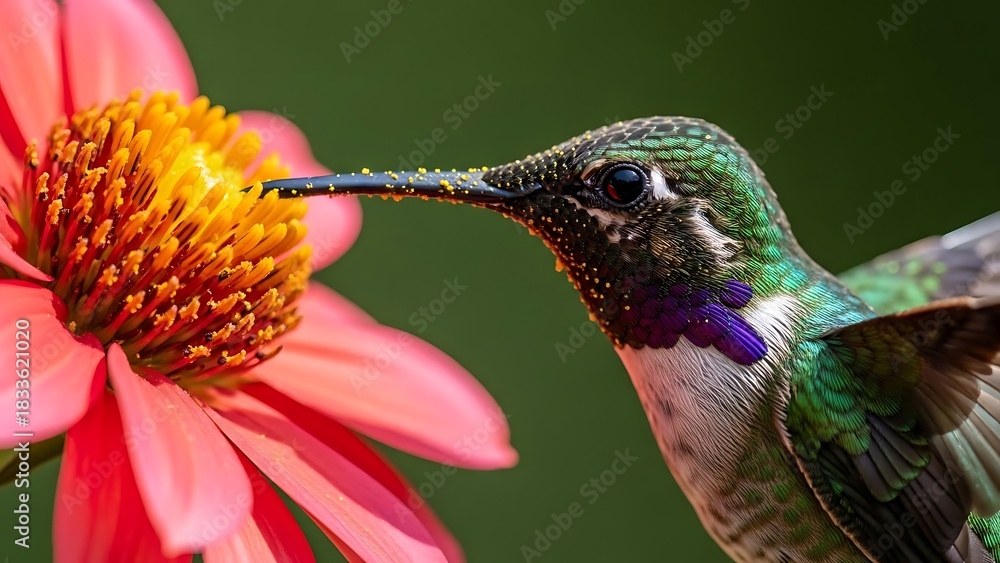 Fototapeta premium Hummingbird feeding on a pink flower dusted with pollen