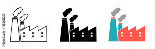 Pollution Power Plant Icon Set in Black and Colorful Version