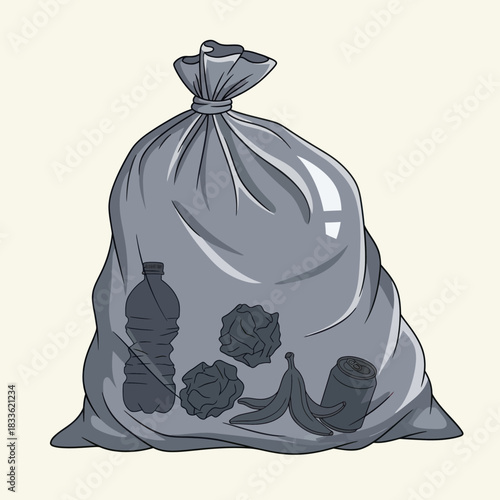 Full gray garbage bag filled with various household waste items.